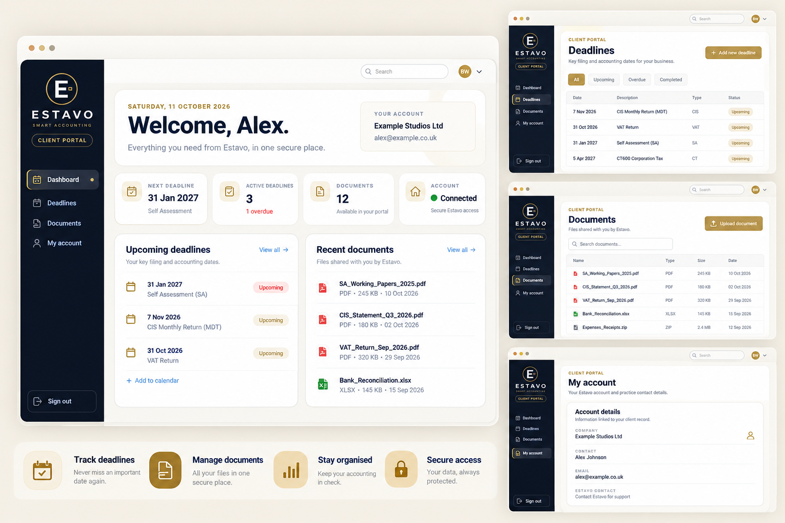 Estavo client portal concept collage showing dashboard, deadlines, documents and account screens with fictional sample data